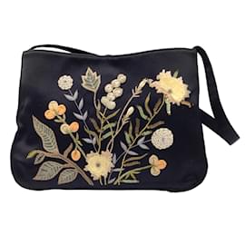Moschino-Moschino Vintage Black Multi Floral Embroidered Silk Handbag-Black