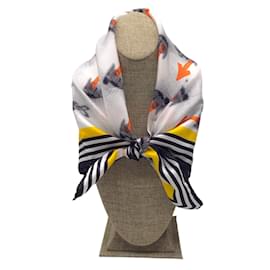 Prada-Prada blanco / amarillo / naranja / De color negro 2015 Bufanda de seda cuadrada con estampado de flechas de conejito-Multicolor