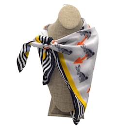 Prada-Prada white / Yellow / orange / Black 2015 Bunny Arrow Print Square Silk Scarf-Multiple colors