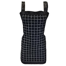 Balmain-Balmain Black Rhinestone Embellished Grid Pattern Sleeveless Denim Mini Dress-Black