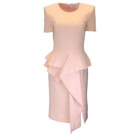 Alexander McQueen Rose Clair 2019 Robe midi en laine à basque et manches courtes Rose