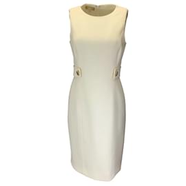Michael Kors-Michael Kors Collection Ivory / Gold Button Detail Sleeveless Wool Crepe Dress-Cream