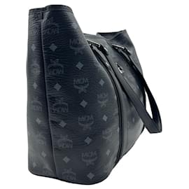 MCM-MCM Visetos Shopper Bag Shoulder Bag Black Silver Handle Bag Medium-Black