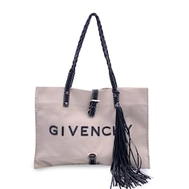Givenchy-Beige Canvas and Black Leather Logo Tote Shopping Bag-Beige