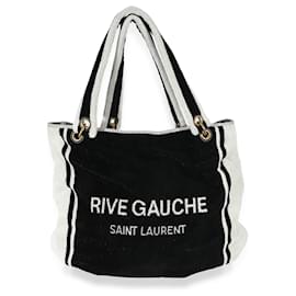 Saint Laurent-Saint Laurent Rive Gauche Black White Terry Cloth Beach Towel Tote-Black