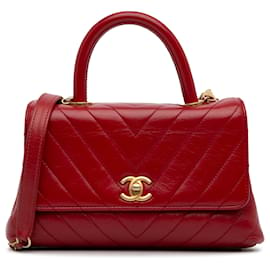 Chanel-Petit sac à main Chanel en cuir d'agneau rouge à chevrons et poignée Coco-Rouge