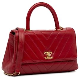 Chanel-Bolso satchel pequeño Chanel rojo de piel de cordero con asa Chevron Coco-Roja