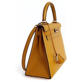 Hermès-Hermes Kelly 28 bolsa de ombro em couro Courchevel ouro amarelo-Amarelo