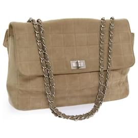 Chanel-CHANEL Choco Bar Chain Shoulder Bag Suede Beige CC Auth bs11679-Beige