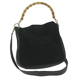 Gucci-GUCCI Bamboo Shoulder Bag Suede 2way Black Auth 65563-Black