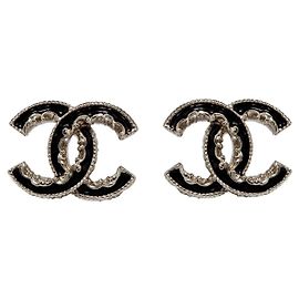 Chanel Black enamel large golden CC stud earrings Golden