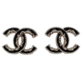 Chanel-Black enamel large golden CC stud earrings-Golden