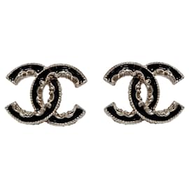 Chanel-Pendientes grandes CC dorados con esmalte negro-Dorado