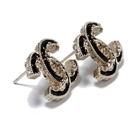 Chanel-Black enamel large golden CC stud earrings-Golden