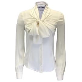 Moschino-Moschino Couture Blusa de gasa de seda con detalle de lazo en color marfil-Crudo