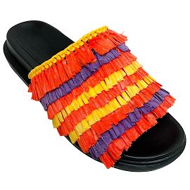Marni Orange Multi Raffia Fringe Slide Sandals Multiple colors
