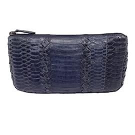 Bottega Veneta-Bottega Veneta Navy Blue Python Skin Leather Zip Pouch Bag-Blue