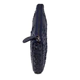 Bottega Veneta-Bottega Veneta Navy Blue Python Skin Leather Zip Pouch Bag-Blue