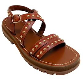Céline-Celine Cognac Leather Chunky Studded Sandals-Brown