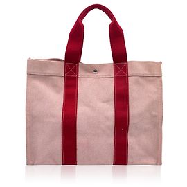 Hermès Hermes Paris Beige Red Canvas Bora Bora GM Tote Beach Bag Beige