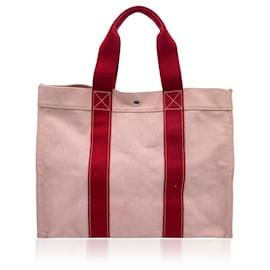 Hermès-Hermes Paris Beige Red Canvas Bora Bora GM Tote Beach Bag-Beige