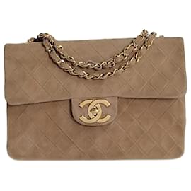 Chanel-Chanel Big Matelassè Classic single flap bag in beige suede-Beige