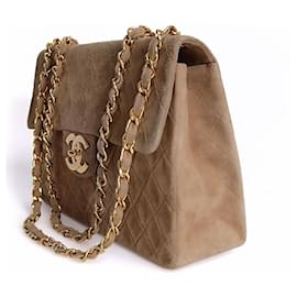 Chanel-Chanel Big Matelassè Classic single flap bag in beige suede-Beige