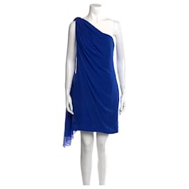 Marchesa-Vestido de seda com cauda em azul safira-Azul