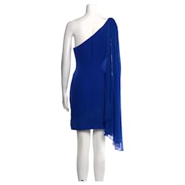 Marchesa-Vestido de seda com cauda em azul safira-Azul