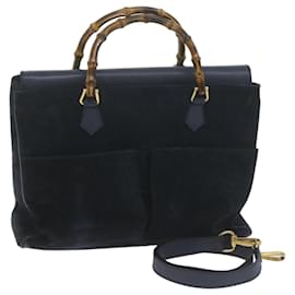 Gucci-GUCCI Bamboo Hand Bag Suede 2way Navy Auth ep2993-Navy blue