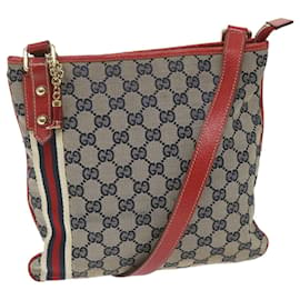 Gucci-GUCCI GG Canvas Sherry Line Shoulder Bag Navy Red 144388 Auth ki3671-Red,Navy blue