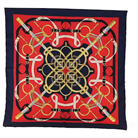 Hermès-HERMES CARRE 90 Eperon dor Scarf Silk Navy Red Auth 64882-Red,Navy blue