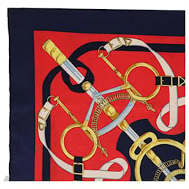 Hermès-HERMES CARRE 90 Bufanda Eperon dor Seda Azul Marino Rojo Auth 64882-Roja,Azul marino