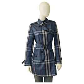 Burberry-Burberry Brit Blue Checked lined Breasted Belted Polyamide coat sz US 8 it 42-Blue