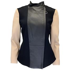 Akris Punto-Akris Punto Black / Beige Lambskin Leather and Stretch Knit Full Zip Jacket-Black