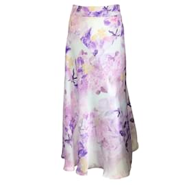 Autre Marque-Leo Lin Purple Multi Camellia Print Satin Midi Skirt in Mauve-Purple