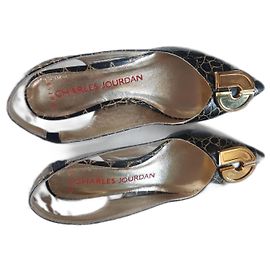 Charles Jourdan Black Leather Strap Pumps Black Gold hardware