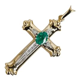 Autre Marque-18K & Platinum Emerald Cross Pendant-Other