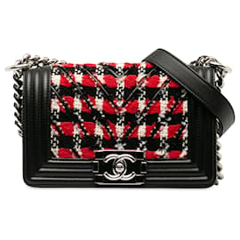 Chanel-Borsa piccola con patta Chanel rossa in tweed e pelle-Nero,Rosso