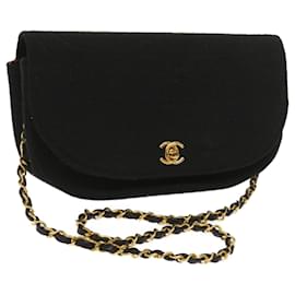 Chanel-CHANEL Bolsa de ombro com corrente meia lua algodão preto CC Auth yk10402-Preto