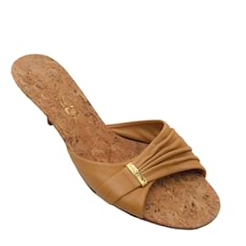 Chanel-Chanel Tan Leather and Cork Kitten Heel Sandals-Camel