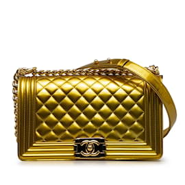 Chanel-Gold Chanel Medium Patent Boy Flap Bag-Golden