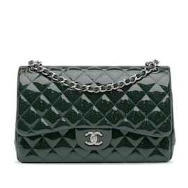 Chanel-Green Chanel Jumbo Classic Patent lined Flap Shoulder Bag-Green