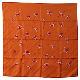 Hermès-Lenços de seda laranja Hermes Fleurs de Fuchsia-Laranja