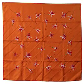 Hermès-Orange Hermes Fleurs de Fuchsia Silk Scarf Scarves-Orange