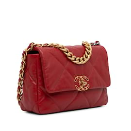 Chanel-Pele de cordeiro média Chanel vermelha 19 Bolsa com aba-Vermelho