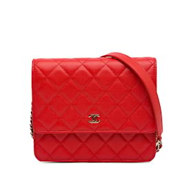 Chanel-Portefeuille carré rouge Chanel CC Caviar sur sac à bandoulière en chaîne-Rouge