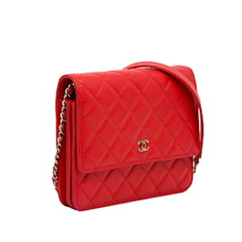 Chanel-Carteira Red Chanel CC Caviar Square em Bolsa Crossbody com Corrente-Vermelho