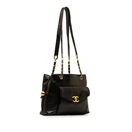 Chanel-Schwarze Chanel CC Lammleder-Einkaufstasche mit Vordertasche-Schwarz