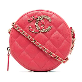 Chanel-Chanel rosa 19 Clutch redondo de caviar con bolso bandolera con cadena-Rosa